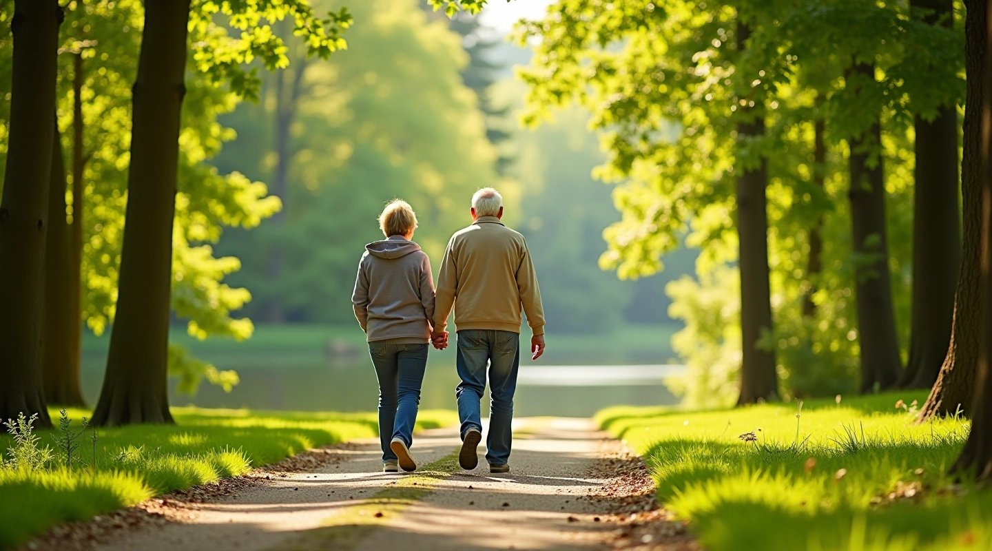 Seniori pastaigājas mežonē, zaļš parks ar ūdens krasta skatienu