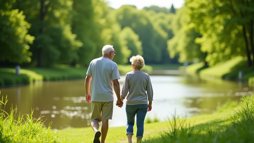 Seniori pastaigājas pa upes krastu vasarā, baudot mieru un daba, pozitīvi un aktīvi